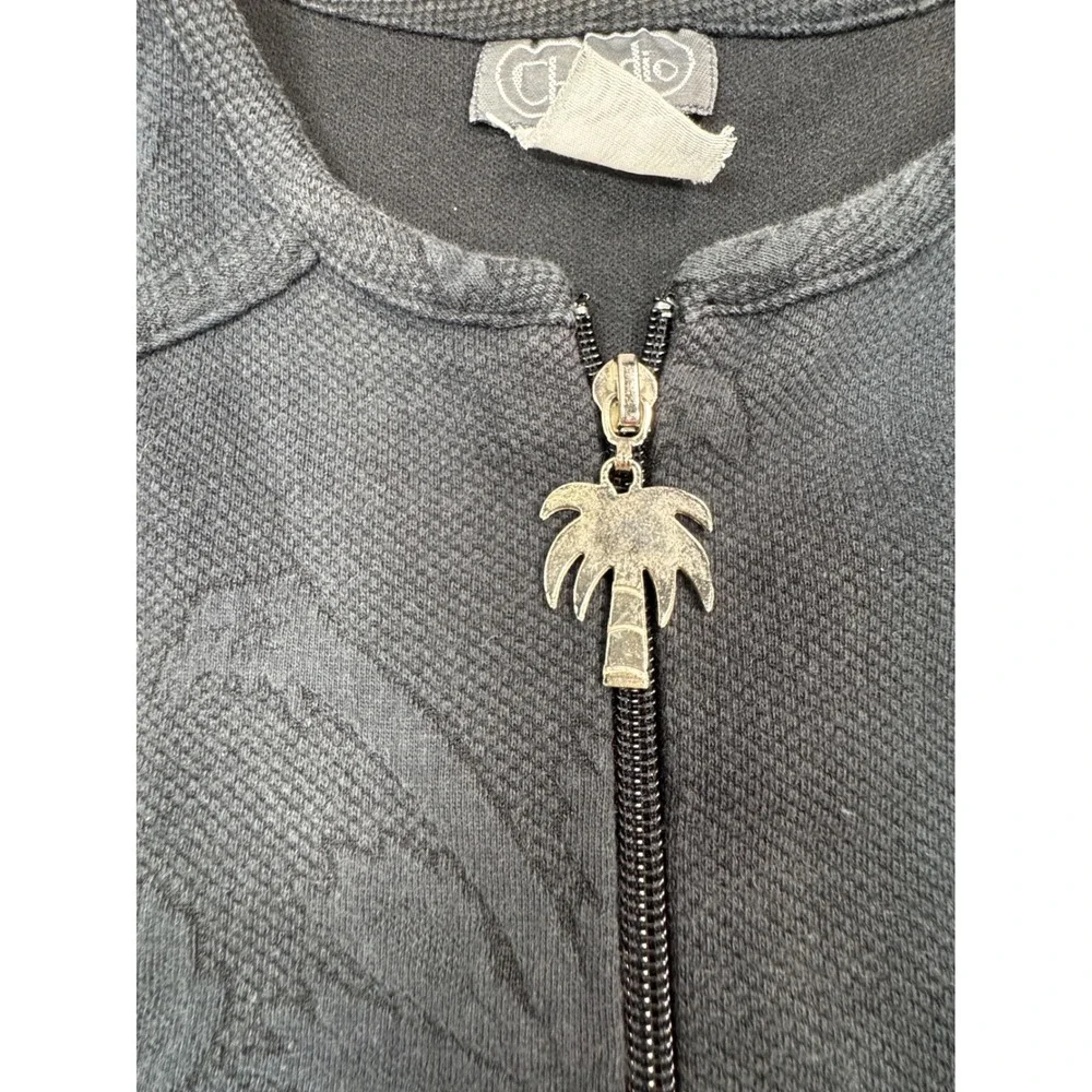 Whimsy Beach Vintage Coastal Knit Zip Up Tunic Women M Black Palm Tree‎ Jacquard
